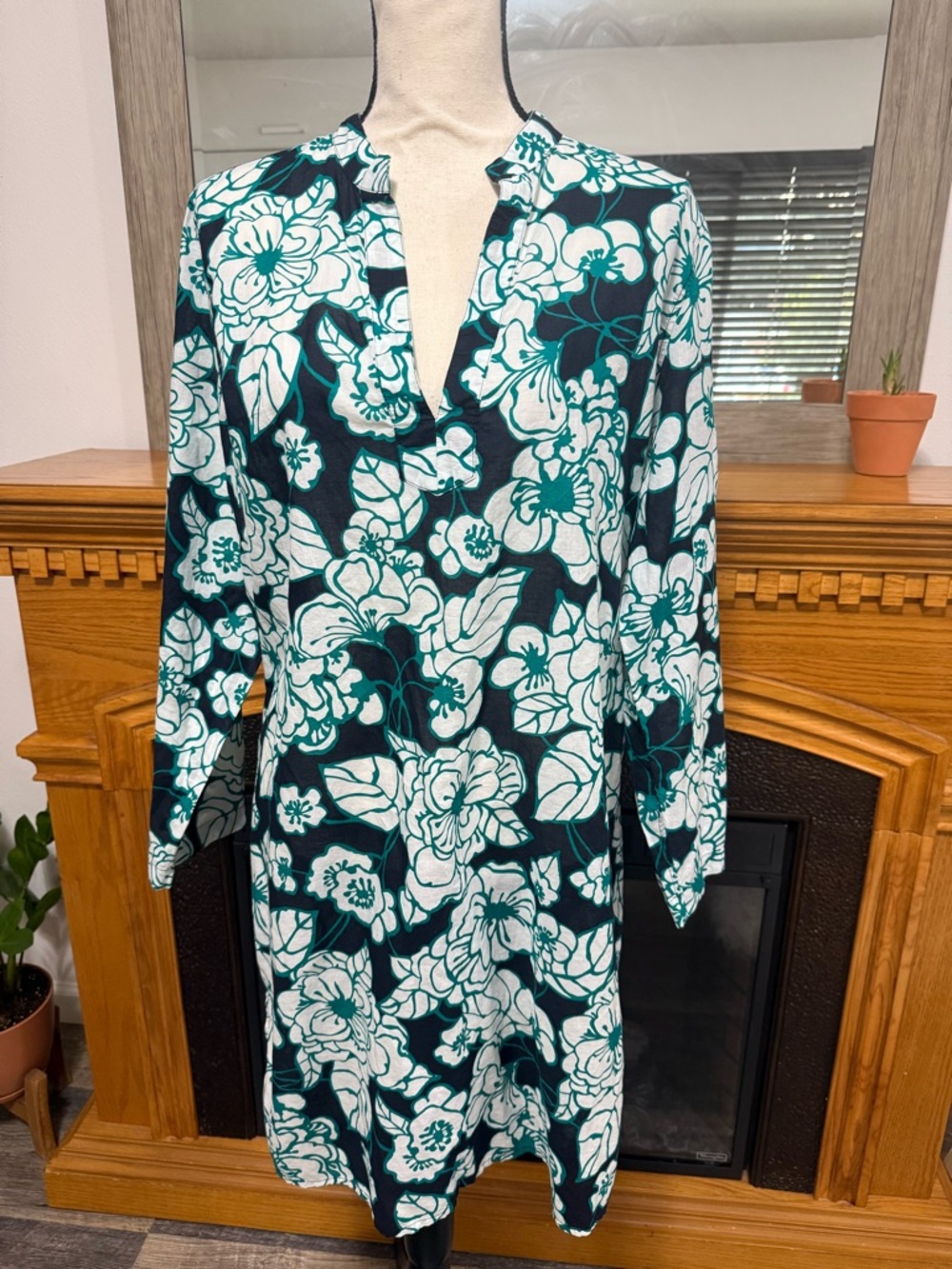Land’s End shirt tunic cover up dress floral green v-neck medium